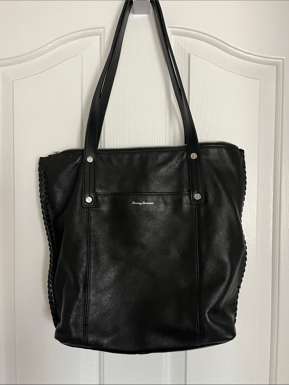 Tommy Bahama Black Leather Whipstitch-Trim Tote